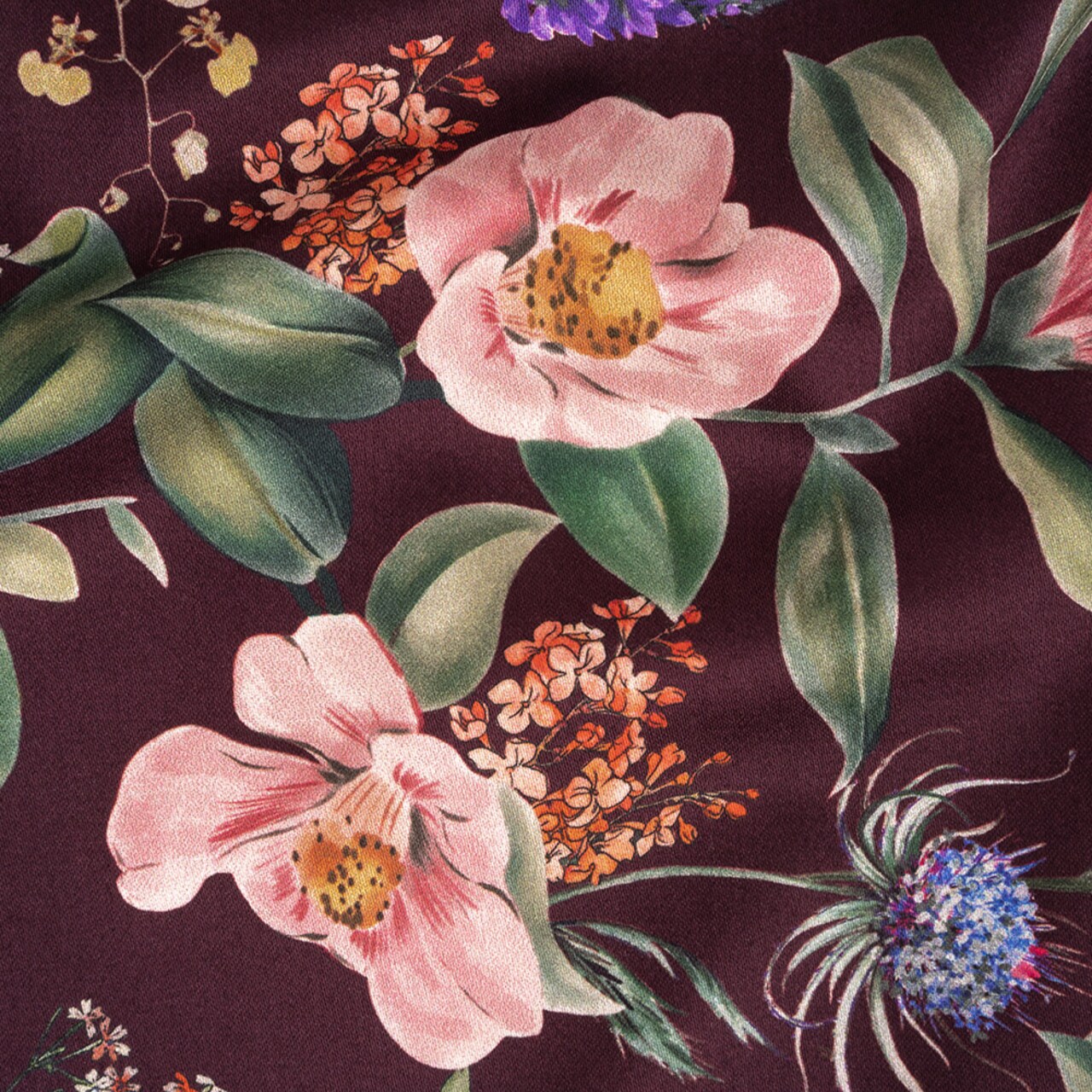 1 Yard Deep Purple Floral Border Stretch Cotton Sateen Fabric